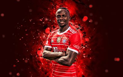 Sadio Mane, 4k, 2022, Bayern Munich FC, red neon lights, Bundesliga, Senegalese footballers, soccer, Sadio Mane Bayern Munich, Sadio Mane 4K