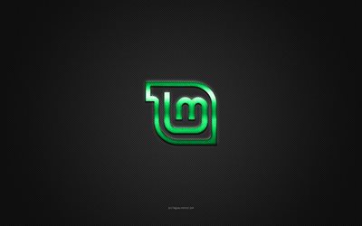 linux mint logosu, yeşil parlak logo, linux mint metal amblemi, gri karbon fiber doku, linux mint, markalar, yaratıcı sanat, linux mint amblemi