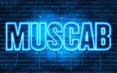 Muscab, 4k, wallpapers with names, Muscab name, blue neon lights, Happy Birthday Muscab, popular arabic male names, picture with Muscab name
