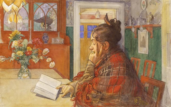 carl larsson, l&#39;artista svedese, karin lettura, 1904
