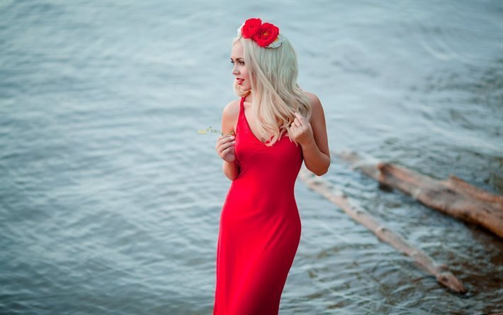 vestito rosso, bionda, bella ragazza, fiume