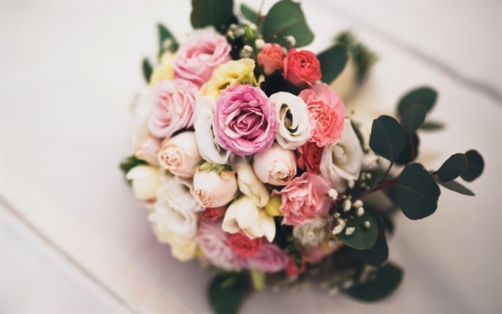 wedding bouquet, roses, eustoma, beautiful flowers, bridal bouquet