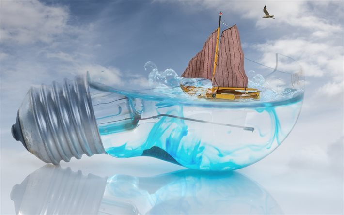 3d light bulb, water, sailboat, concepts, lamp with water