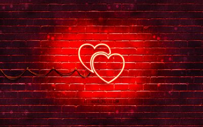 TwoHeartsネオンアイコン, 4k, 赤い背景, ネオン記号, 悪意, ネオンアイコン, 愛の兆候, 愛のアイコン, 愛の概念