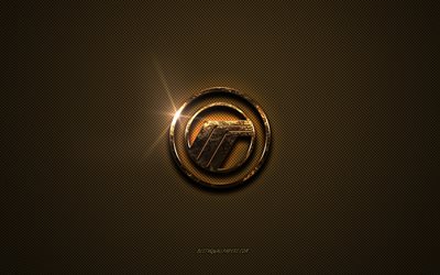 Mercury golden logo, artwork, brown metal background, Mercury emblem, Mercury logo, brands, Mercury