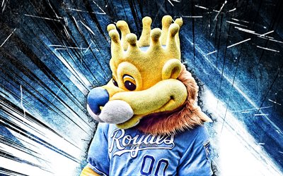 4k, Sluggerrr, grunge art, mascot, Kansas City Royals, blue abstract rays, MLB, Kansas City Royals mascot, MLB mascots, official mascot, Sluggerrr mascot