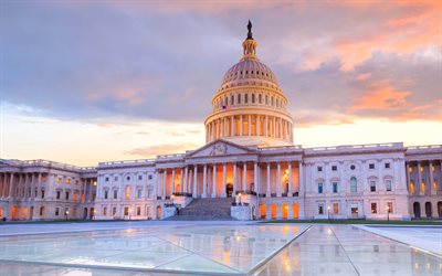 Capitol Building, United States Capitol, Capitol Hill, evening, sunset, square, Washington, USA, United States Congress