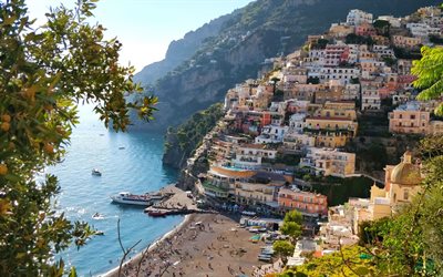Amalfikust, Positano, Tyrrenska havet, Neapelbukten, sommar, kust, marinm&#229;lning, Italien