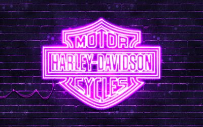 Harley-Davidson violet logo, 4k, violet brickwall, Harley-Davidson logo, motorcyles brands, Harley-Davidson neon logo, Harley-Davidson