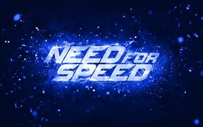 Need for Speed dark blue logo, 4k, NFS, dark blue neon lights, creative, dark blue abstract background, Need for Speed logo, NFS logo, Need for Speed