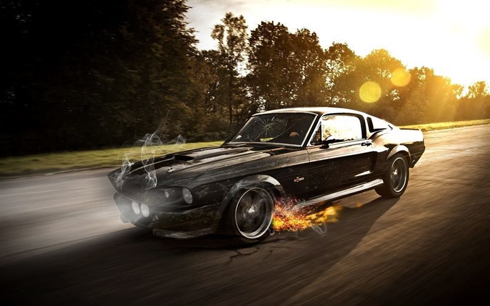 Ford Mustang GT500 Eleanor, road, movement, retro cars, fire, Ford