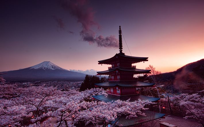 Sunset, Japan, Fuji, mountain, spring, sakura, Churei Tower, stratovolcano, Honshu Island