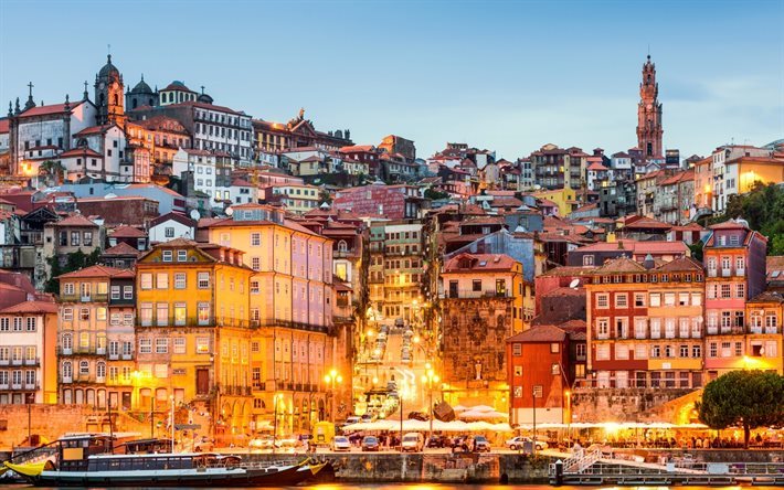 Porto, terrapl&#233;n, noche, ciudad, carretera, luces, Portugal