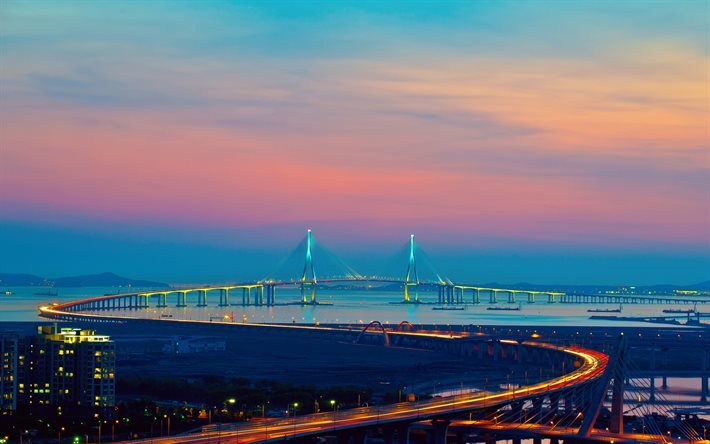 Incheon, tramonto, Incheon bridge, skyline, Corea