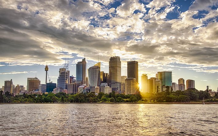 Sydney, skyskrapor, kv&#228;ll, sunset, Australien, bay