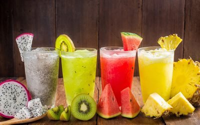 fruit cocktails, exotic drinks, pineapple, watermelon, kiwi, Pitaya, cocktails