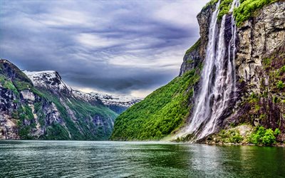 Noruega, 4k, fiorde, cachoeira, montanhas, Europa, noruegu&#234;s natureza, HDR, bela natureza