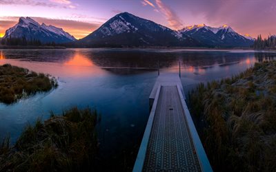 montagna, paesaggio, tramonto, lago, Montagne Rocciose, Parco Nazionale di Banff, Canada