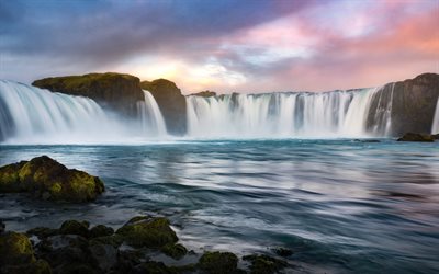 滝, 夕日, 夜, 岩, 緑の苔, 水概念, アイスランド
