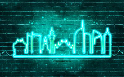 Milan turquoise neon silhouette, 4k, turquoise neon lights, Milan skyline silhouette, turquoise brickwall, italian cities, neon skyline silhouettes, Italy, Milan silhouette, Milan
