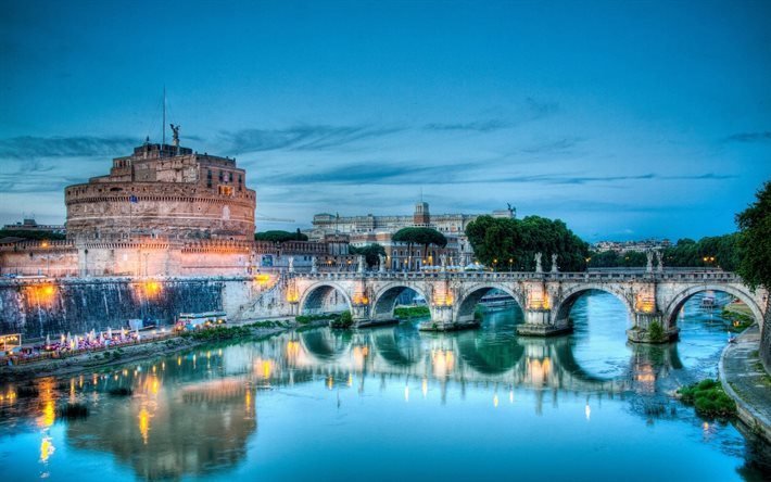 Castle of Saint Angela, night, bridge, The Sad Castle, Tiber, Rome, Italy