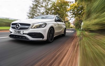Mercedes-Benz A45 AMG, 2018, exterior, front view, new white A-class, road, speed, blur, new white A45, German automotive, 4k, Mercedes