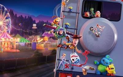 Toy Story 4, 2019, cartel, todos los personajes, 4k, el Sheriff Woody, Buzz Lightyear