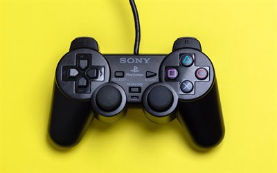 Sony Playstation joystick, 4k, spelkonsoler, joysticks, gul bakgrund, Sony Playstation