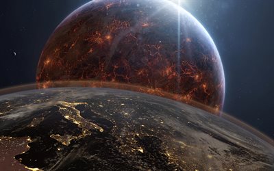 Earth from space, fire planet, Solar System, galaxy, Earth, sci-fi, stars, Europe from space, Apocalypse, universe, NASA, planets