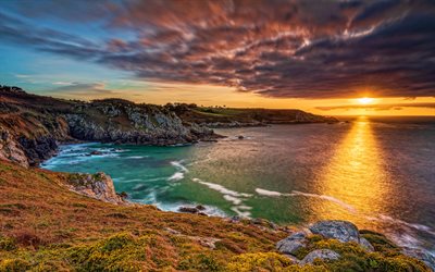 Brittany, 4k, puesta de sol, el puerto, la hermosa naturaleza, de la costa, de verano, de Francia, de Europa, mar