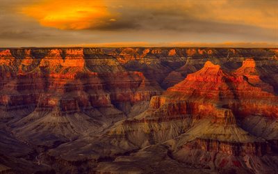 Parc National du Grand Canyon, le soir, les rochers, coucher de soleil, red rocks, paysage de montagne, Fleuve Colorado, Arizona, &#233;tats-unis, le Grand Canyon, panorama
