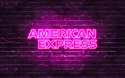 logotipo p&#250;rpura de american express, 4k, pared de ladrillo p&#250;rpura, logotipo de american express, marcas, logotipo de ne&#243;n de american express, american express