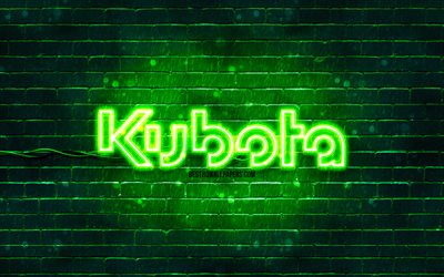 logo vert kubota, 4k, mur de brique vert, logo kubota, marques, logo n&#233;on kubota, kubota