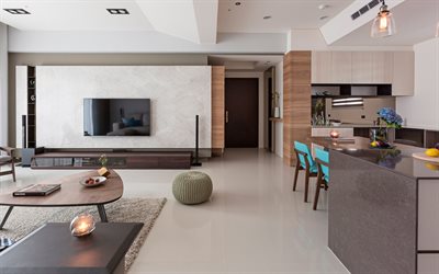 4k, design d interni appartamento elegante, stile moderno, soggiorno, cucina, sala da pranzo, idea per soggiorno in stile moderno