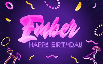 buon compleanno ember, 4k, sfondo festa viola, ember, arte creativa, nome ember, compleanno ember, sfondo festa di compleanno