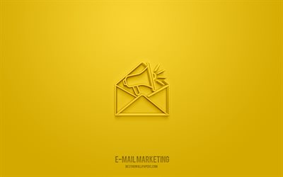 icono 3d de marketing por correo electr&#243;nico, fondo amarillo, s&#237;mbolos 3d, marketing por correo electr&#243;nico, iconos de marketing, iconos 3d, signo de marketing por correo electr&#243;nico, iconos 3d de marketing