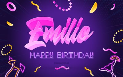 joyeux anniversaire emilio, 4k, purple party background, emilio, art cr&#233;atif, nom emilio, anniversaire emilio, fond f&#234;te d anniversaire