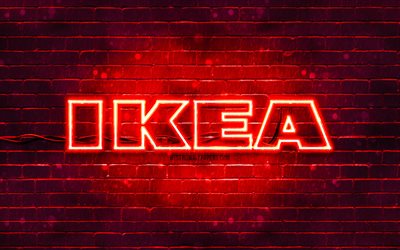 IKEA red logo, 4k, red brickwall, IKEA logo, brands, IKEA neon logo, IKEA