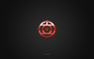 logo hitachi, logo rosso lucido, emblema in metallo hitachi, struttura in fibra di carbonio grigia, hitachi, marchi, arte creativa, emblema hitachi