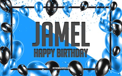 Buon compleanno Jamel, sfondo di palloncini di compleanno, Jamel, sfondi con nomi, Jamel buon compleanno, sfondo di compleanno di palloncini blu, Jamel compleanno