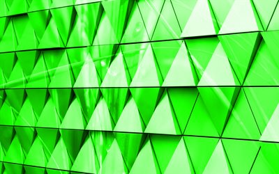 緑の3D三角形の背景, 4k, 緑の3D背景, ガラスの三角形, 創造的な3d緑の背景, 緑の3Dガラスの三角形