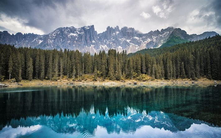 le lac, montagnes, bolzano, la for&#234;t, le lac de carezza, italie, les roches
