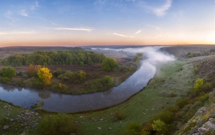 自然のウクライナ, 朝, 傷, ウクライナ, 霧, 川, kalmius