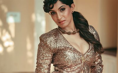 Krishi Thapanda, Indian actress, portrait, photoshoot, Bollywood, shiny brown dress