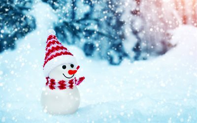 snowman, winter, snow, bokeh, toy snowman, cute toys, cute snowman