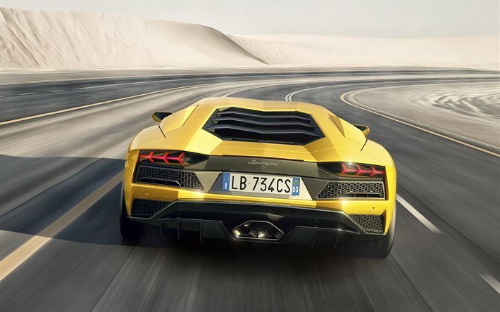Lamborghini Aventador S, 2017, vista posterior, la carretera, la velocidad, el amarillo Aventador
