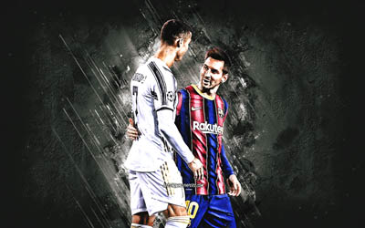 Cristiano Ronaldo, Lionel Messi, CR7, stars du football mondial, footballeurs, Juventus FC, FC Barcelone, football, fond de pierre noire
