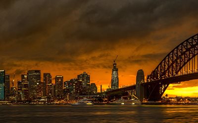 Sydney, kv&#228;ll, solnedg&#229;ng, skyskrapor, horisont, Sydney panorama, Sydney Harbour Bridge, Australien