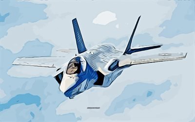 F-35, US Air Force, 4k, vektorikuva, F-35 piirustus, luova taide, F-35 taide, vektoripiirustus, abstrakti lentokone, Lockheed Martin F-35 Lightning II, lentokonepiirrokset