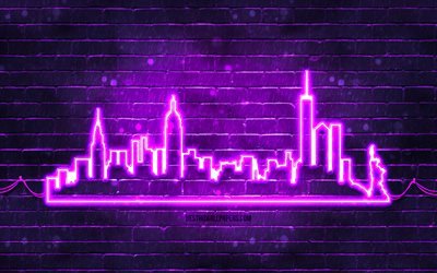 New York violet neon silhouette, 4k, violet neon lights, New York skyline silhouette, violet brickwall, american cities, neon skyline silhouettes, USA, New York silhouette, New York, NYC